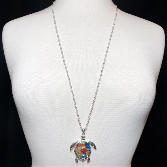 Multicolor Painted Sea Turtle Long Silver Necklace - Picture 3 of 3